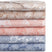 Sacred Journey Sheet Set Stack in White with Taupe, Taupe, White with Coral, Coral, White with Blue, and Blue