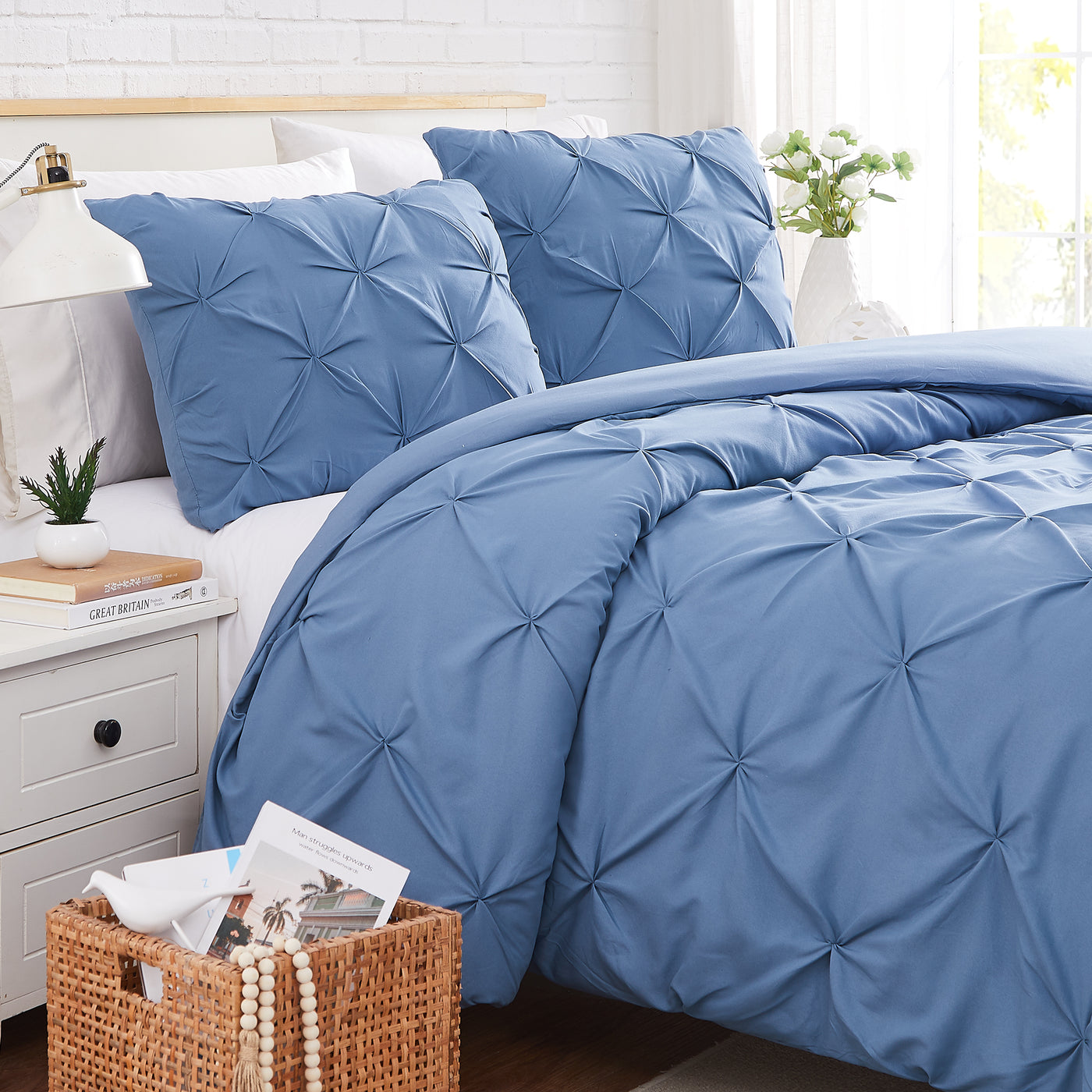 Side View of Pinch Pleated Pintuck Duvet Cover Set in Coronet Blue#color_pintuck-coronet-blue